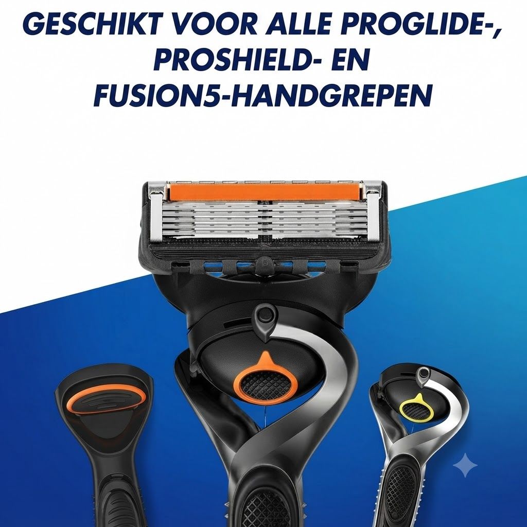 Drie zwarte scheerapparaten met oranje accenten. Eén scheerapparaat met vijf mesjes is in focus.