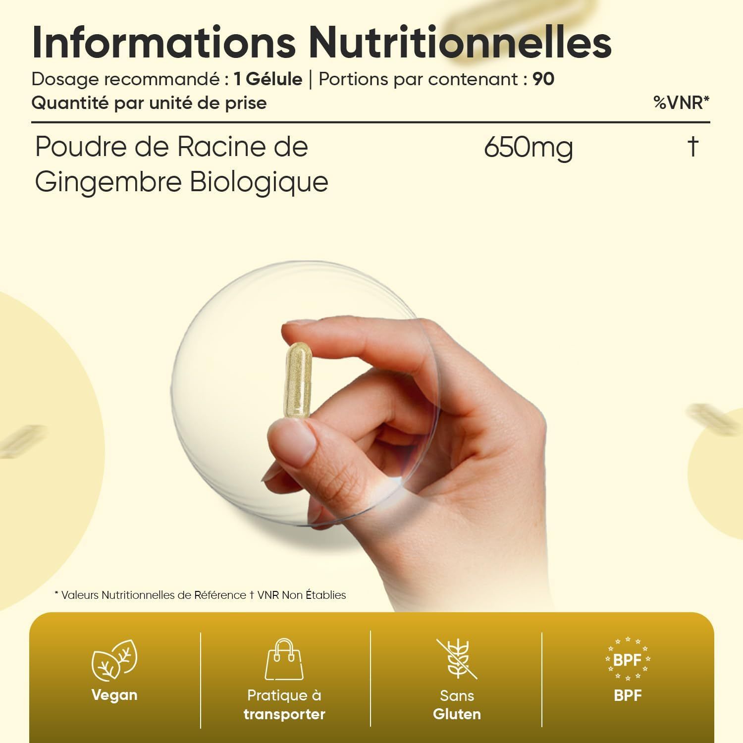 Gélules de gingembre bio WeightWorld : véganes, sans gluten, pratique à transporter.