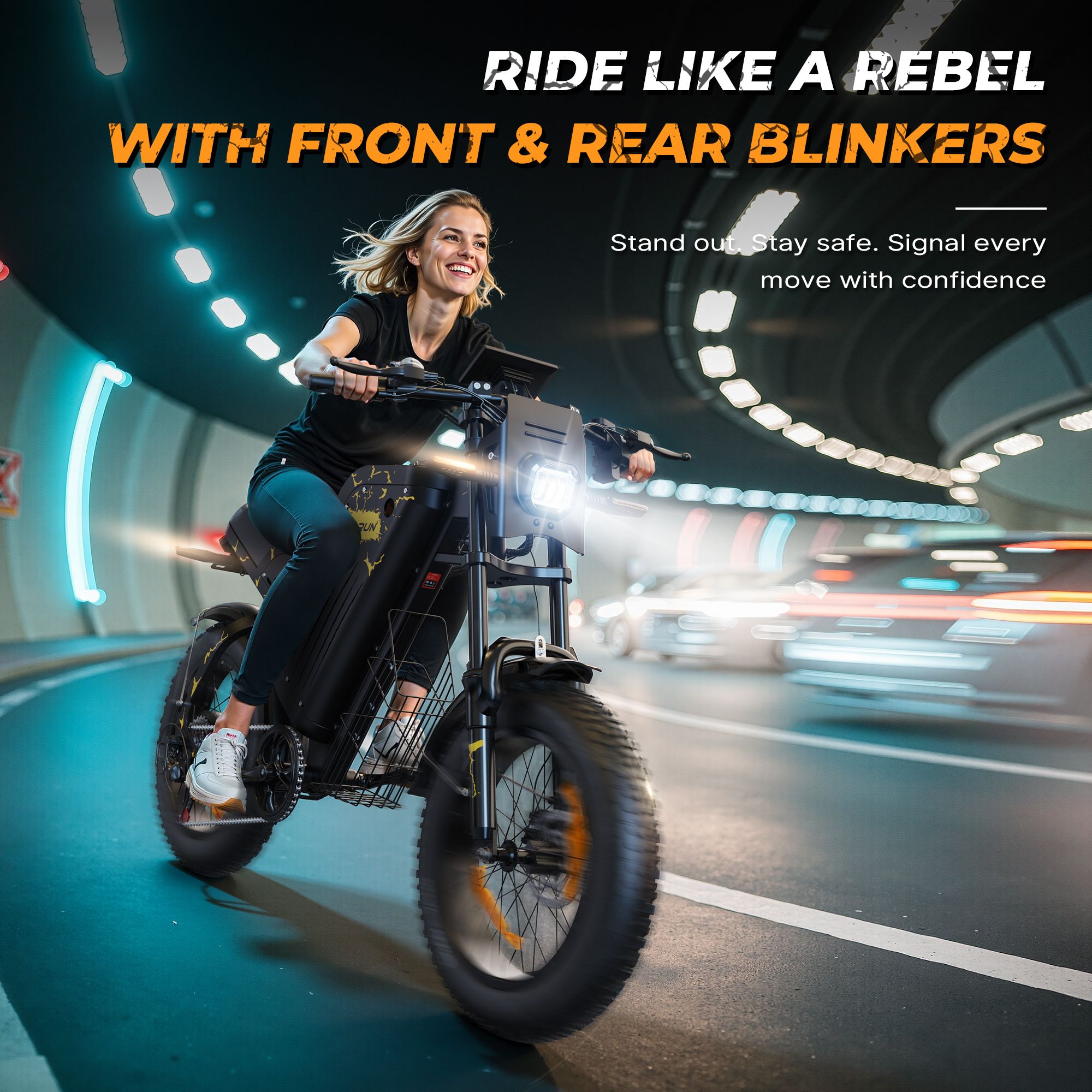 Vrouw die op een zwarte e-bike door een tunnel rijdt. Voor- en achterknipperlichten zichtbaar.