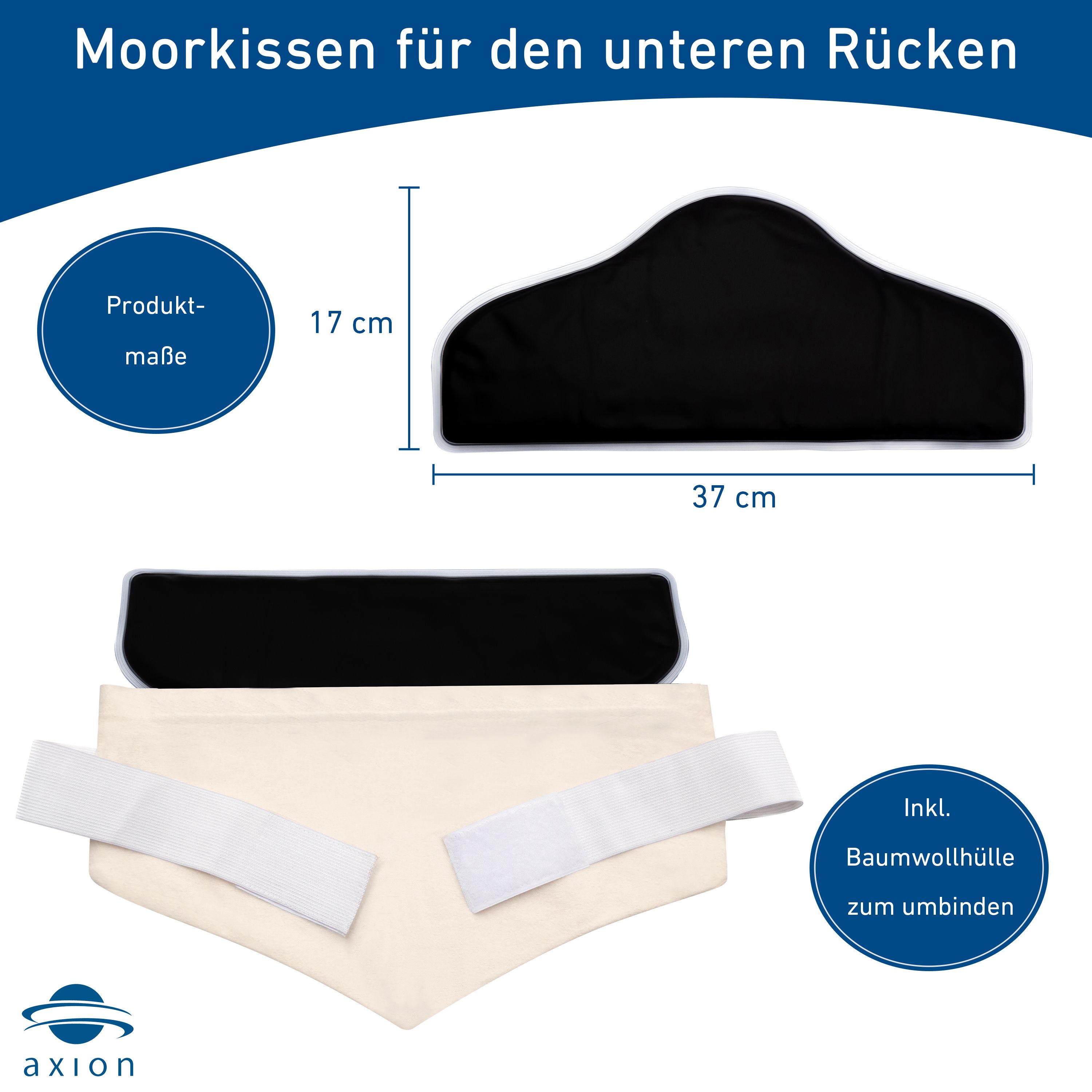 Coussin chauffant lombaire avec garniture de tourbe naturelle. Coussin noir, housse en coton, bandes blanches. Dimensions : 37x17 cm.