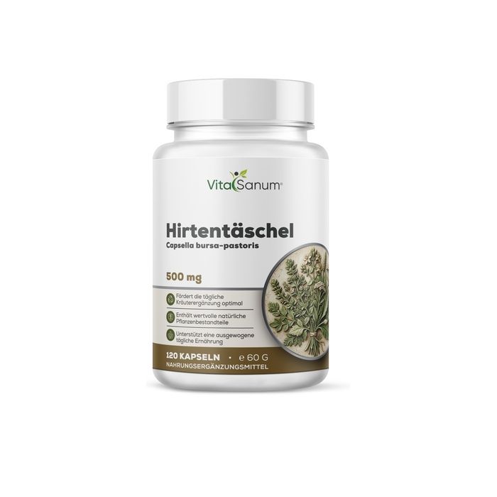 Gélules VitaSanum Capsella bursa-pastoris : Flacon blanc avec étiquette montrant une plante et 500 mg.