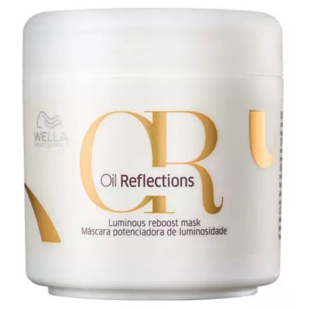 Witte pot met gouden tekst "Oil Reflections" en "Luminous reboost mask". Merk: Wella.