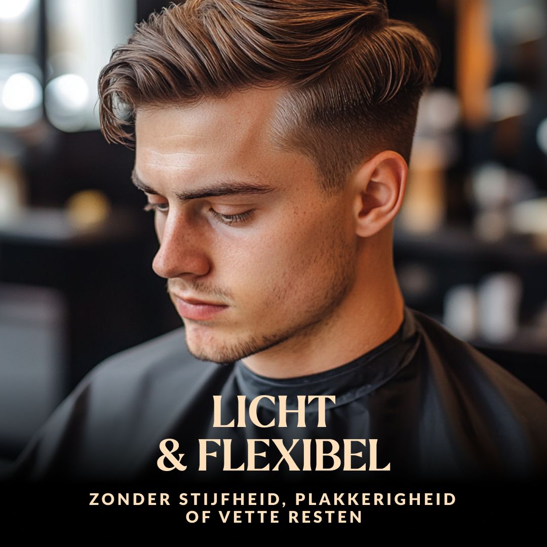 Man met gestyled haar, tekst over lichte en flexibele hold.