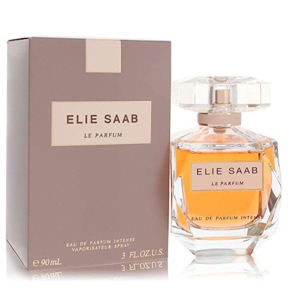 Emballage et flacon de parfum. Flacon avec ELIE SAAB LE PARFUM. Inscription. Flacon avec liquide doré.