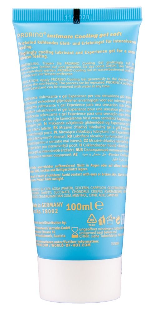 Achterkant van de tube met Intimate Cooling Gel „soft“ voor mannen, 100ml.