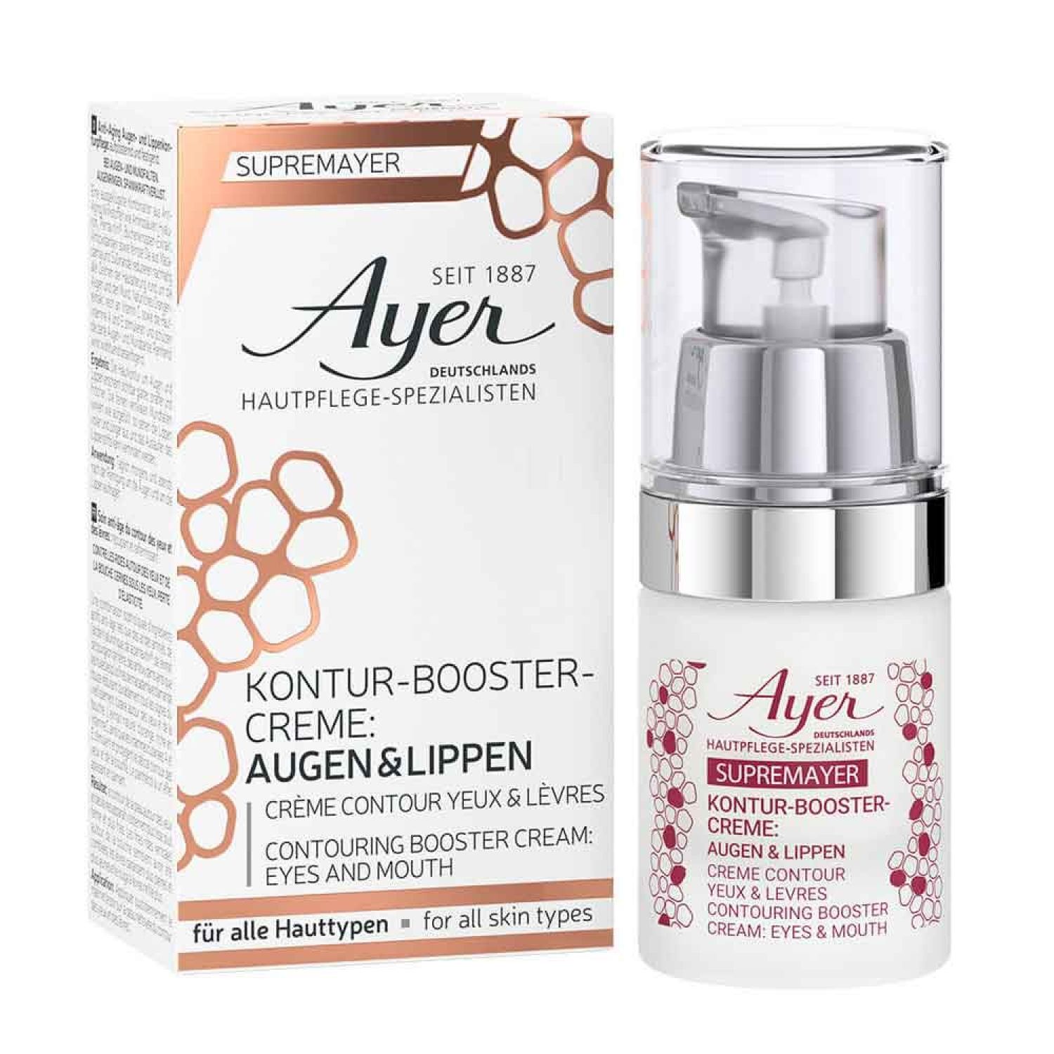 Flacon de crème et boîte. Inscription: Ayer, SupremAyer, Contour Booster Crème Yeux & Lèvres. Pour tous types de peau.