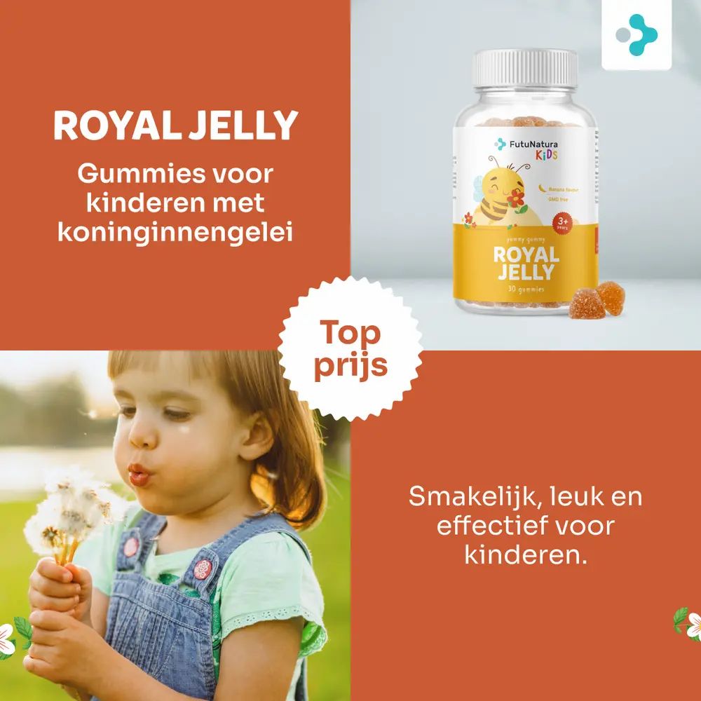 Drie flessen Royal Jelly gummies voor kinderen, 30 stuks.