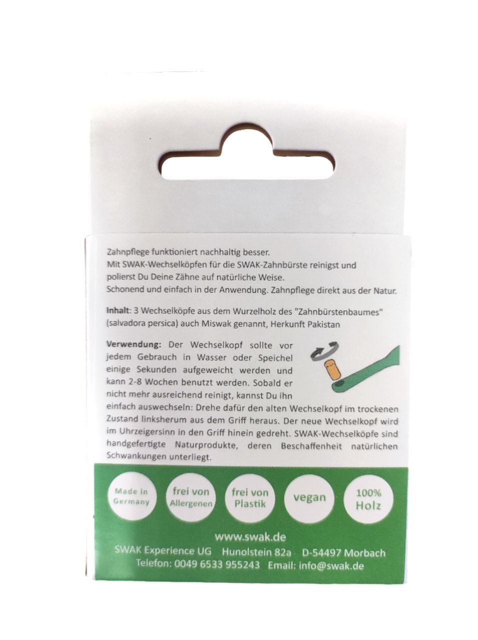 Achterkant van de verpakking. Tekst: Mondverzorging werkt duurzamer beter. Informatie over ingrediënten en gebruik.