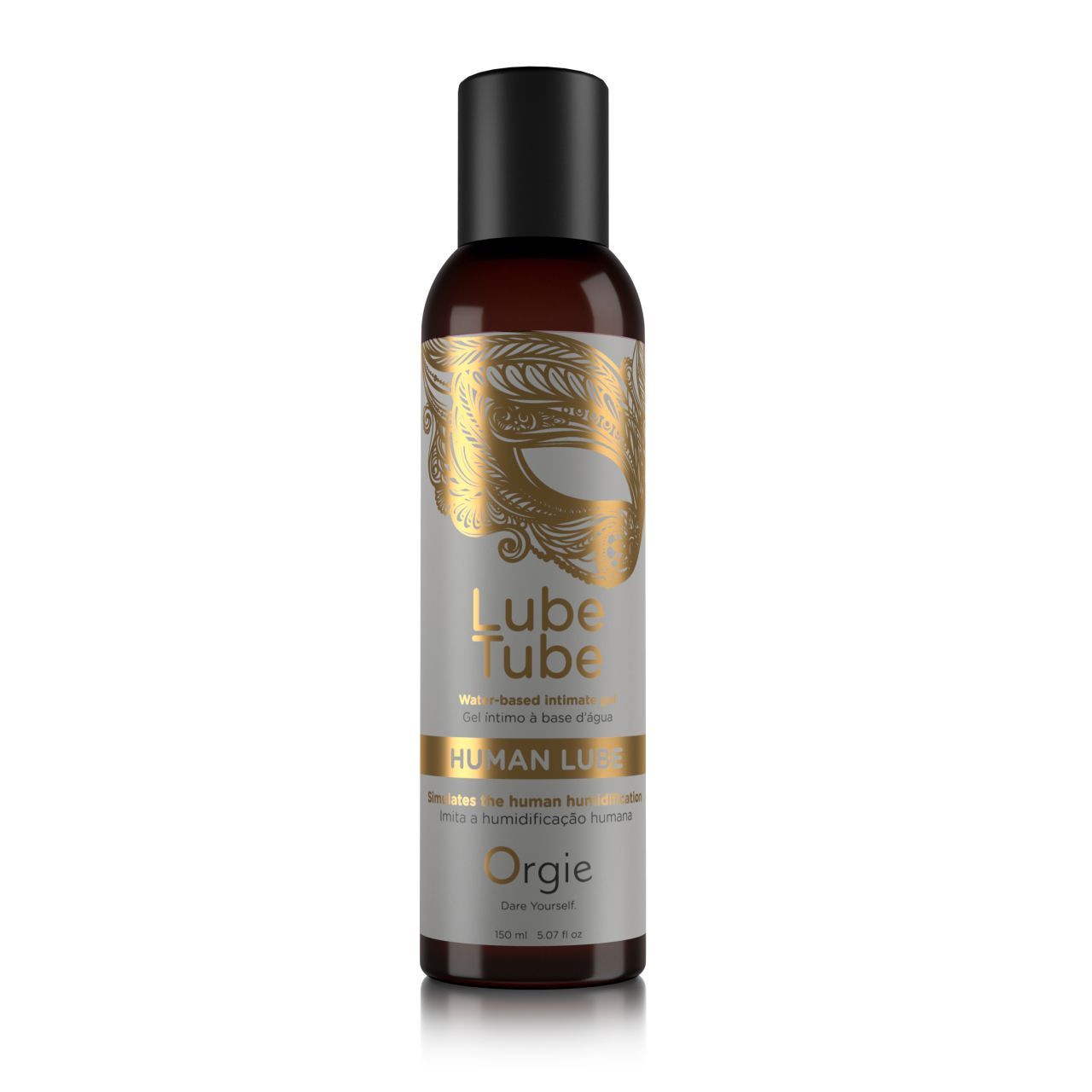 Orgie Human Lube, gel intime à base d'eau dans une bouteille brune avec un bouchon noir. Motifs dorés de masque et de feuilles sur l'étiquette.