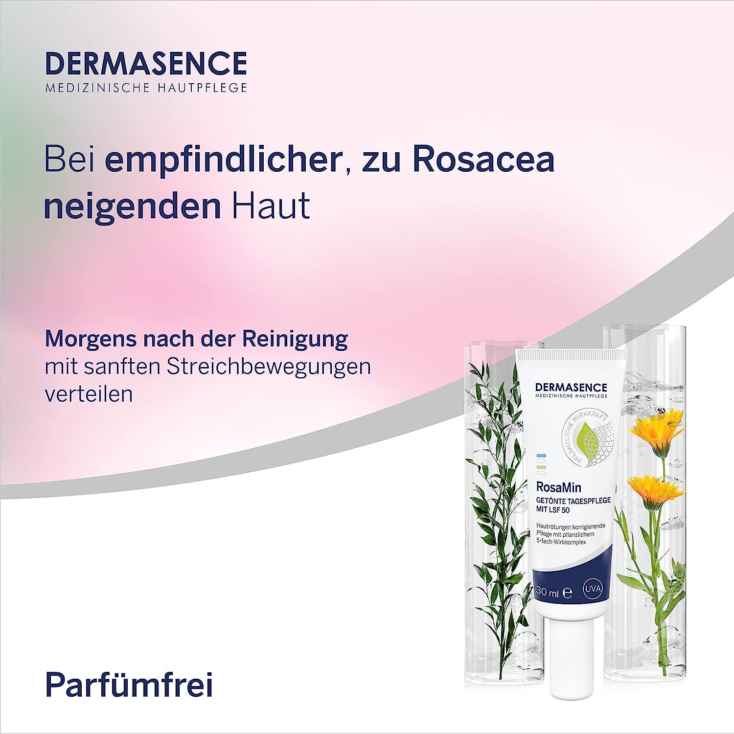 Tube de crème et plantes. Texte : Pour peaux sensibles, sujettes à la rosacée. Appliquer le matin. Sans parfum.