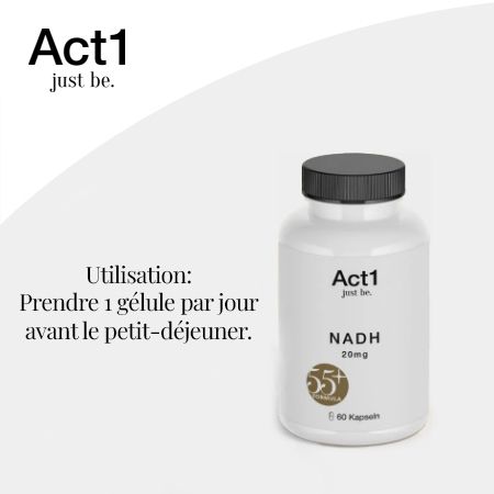 Flacon de NADH. Texte: Utilisation: Prendre 1 gélule par jour avant le petit-déjeuner. Act1 just be.