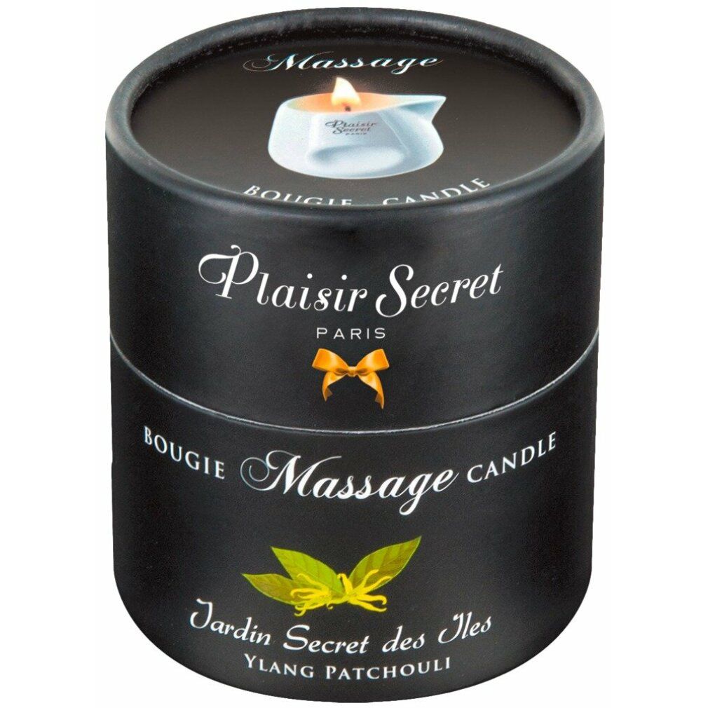 Emballage cylindrique noir avec nom du produit et inscription "Massage Candle". Image de la bougie sur le dessus.