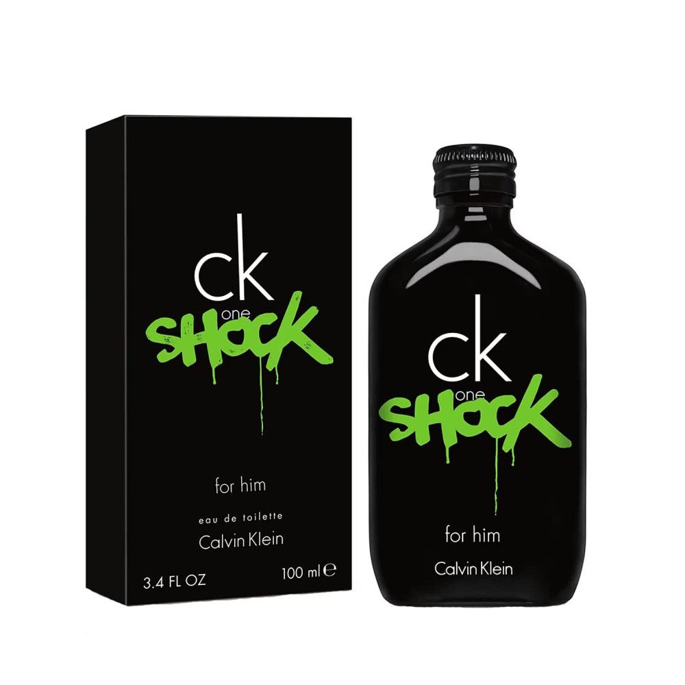 Zwarte fles en verpakking. Opschrift: ck one SHOCK for him Calvin Klein. Groene tekst.
