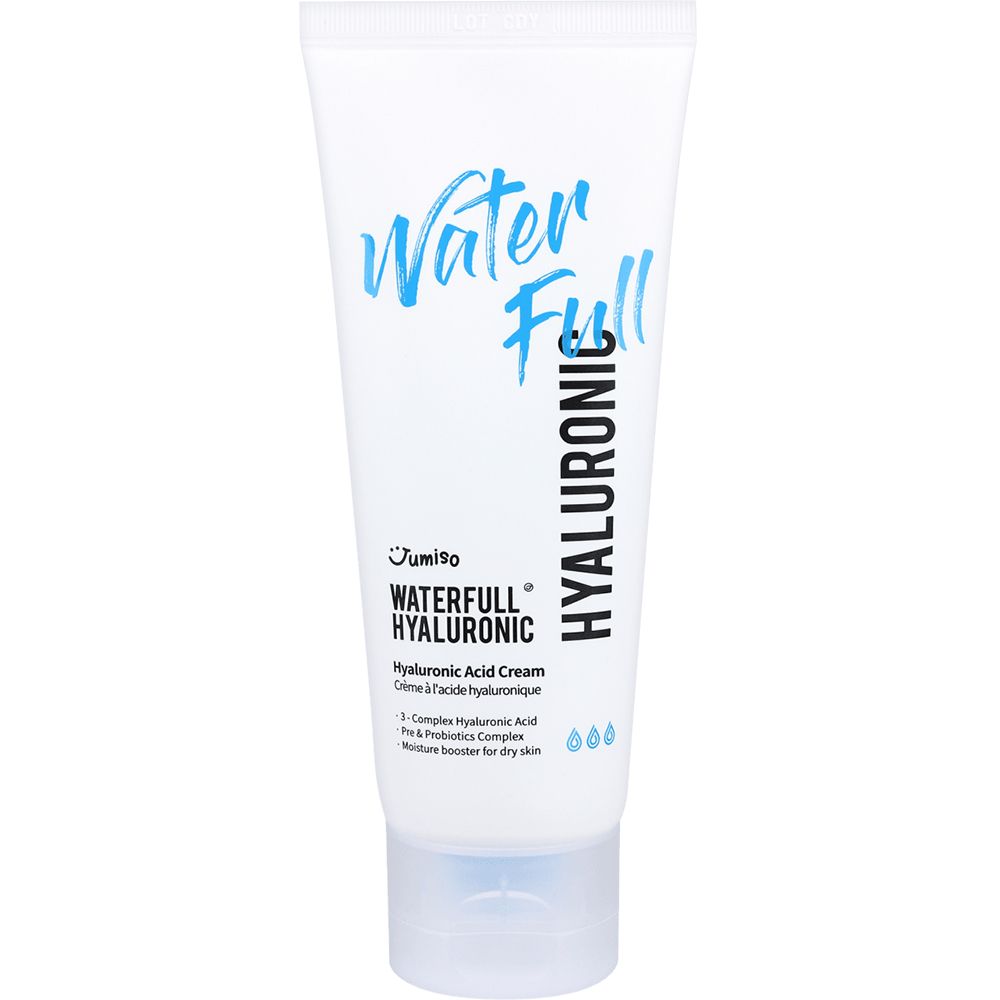 Tube blanche avec texte bleu. Inscription: Water Full Hyaluronic. Nom du produit et informations.