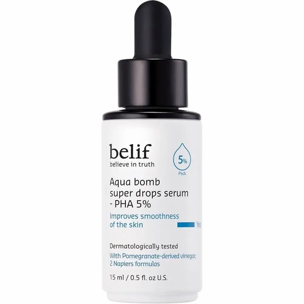 Serumfles met zwarte dop en pipet. Opschrift: belif, Aqua bomb super drops serum - PHA 5%.