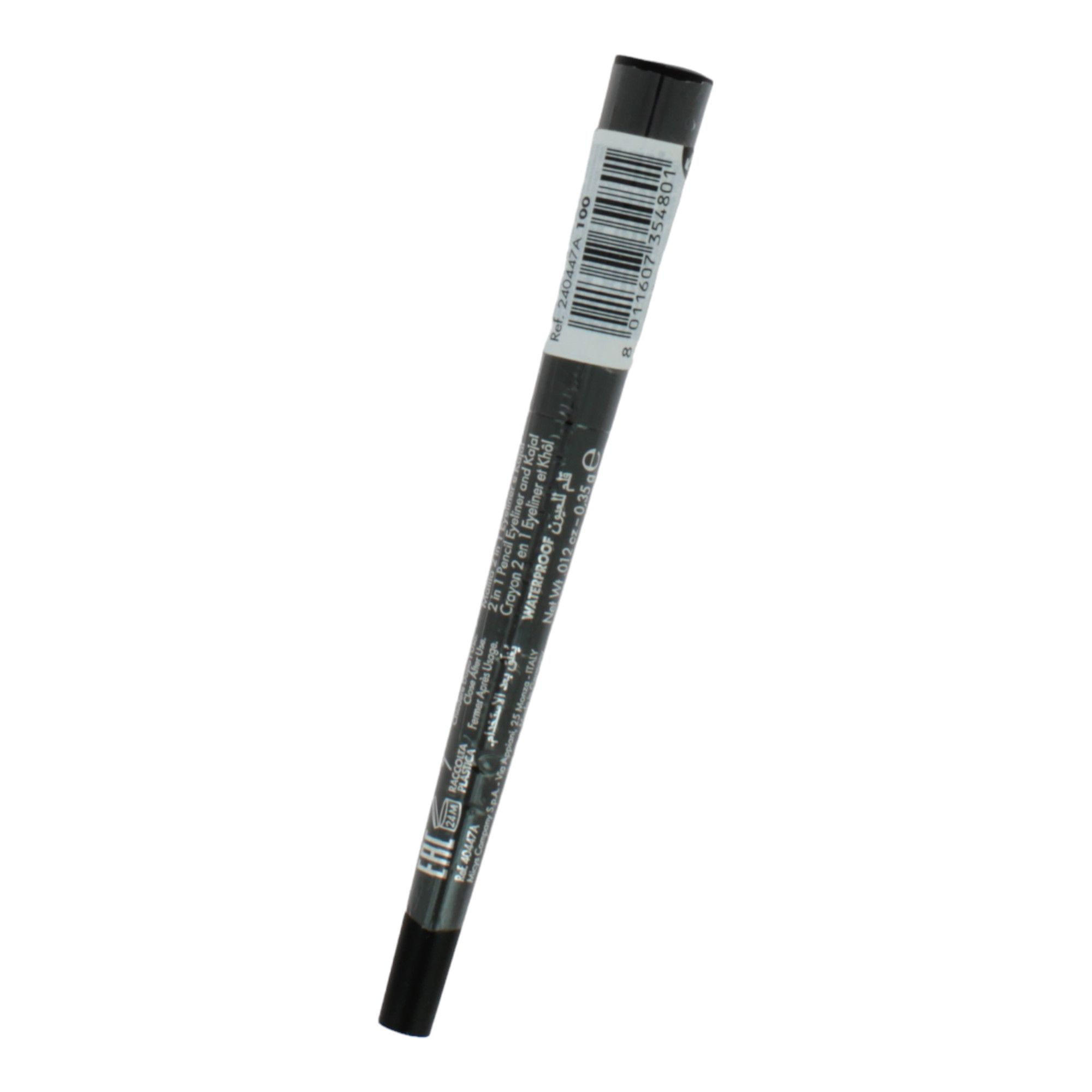 Zwarte oogpotlood. Opschrift: 2-in-1 Eyeliner & Kajal. Barcode en productinformatie.