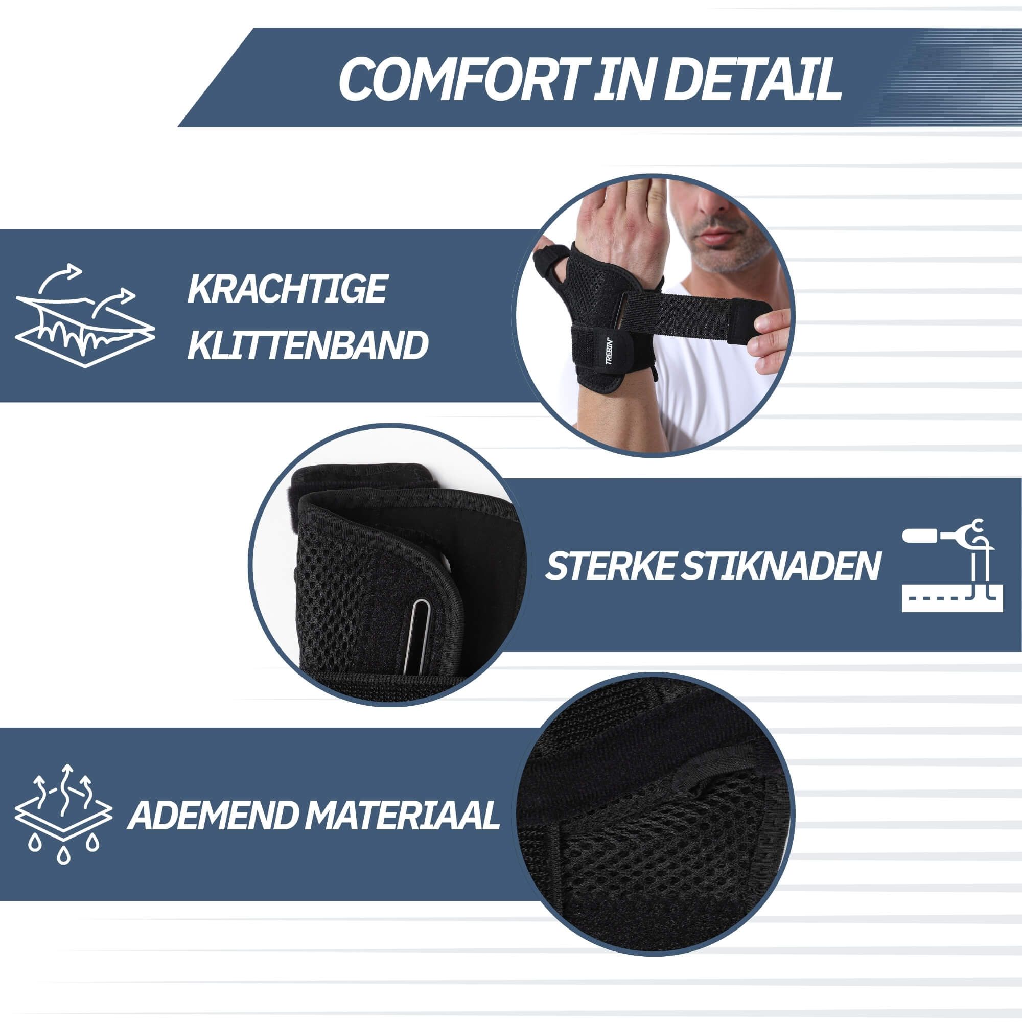 Details van een zwarte polsbrace: klittenband, stiksels, ademend materiaal.