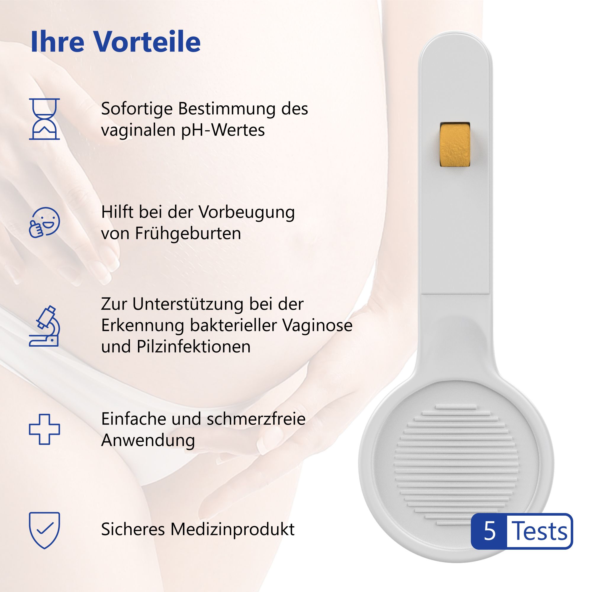 Appareil blanc avec zone de test jaune. Texte: 5 tests. Avantages: Détermination immédiate du pH, prévention des naissances prématurées.