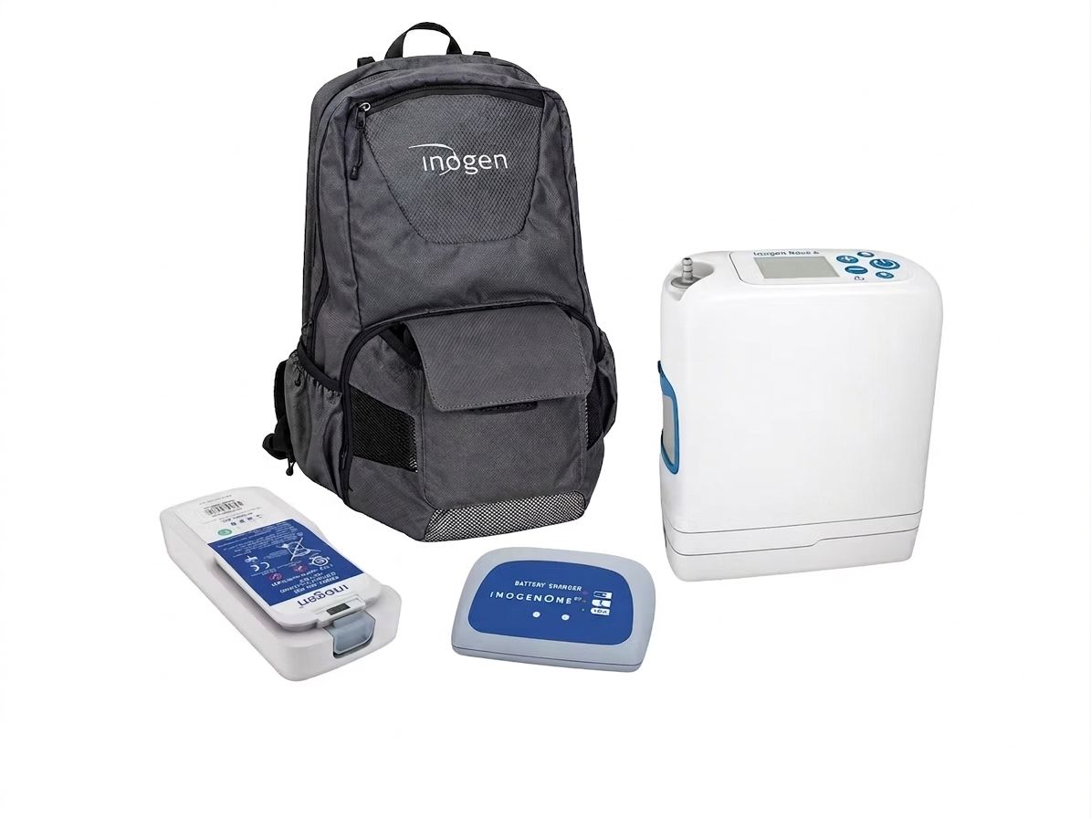 Ensemble Inogen Rove 6 : concentrateur, batterie 16 cellules, chargeur, sac.