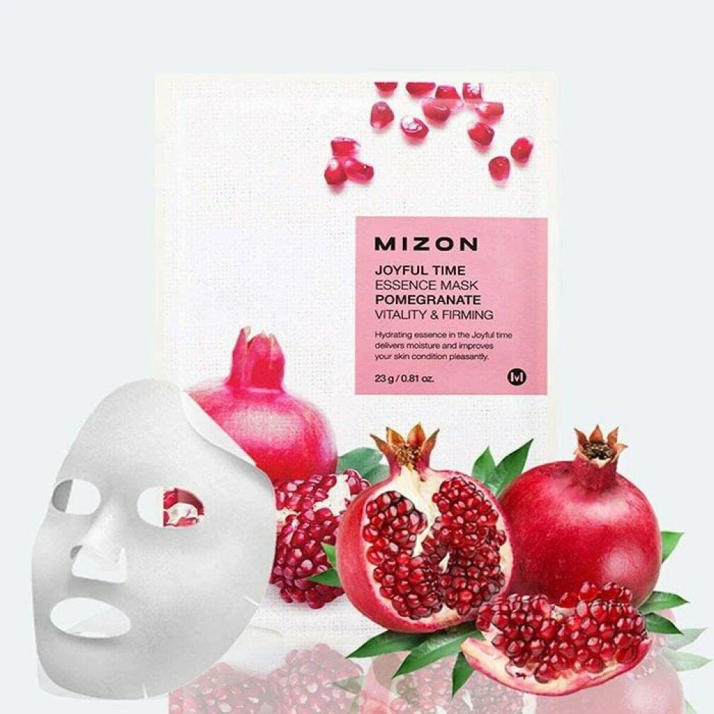 Verpakking MIZON Joyful Time Essence Mask Melograno met masker en granaatappels. Tekst: Joyful Time, Pomegranate, Vitality & Firming.