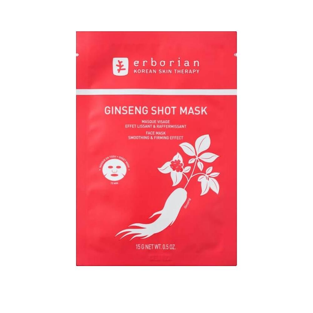 Emballage rouge avec nom et logo du produit. Contient un masque facial. Illustration de racine de ginseng.