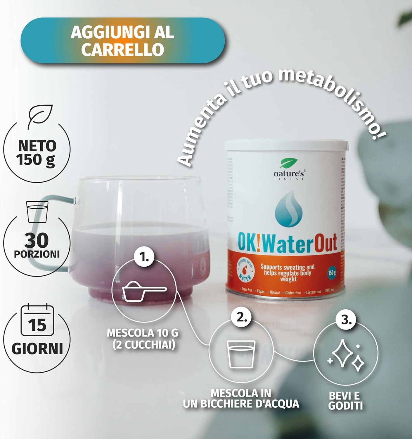 Verre de liquide rose, à côté d'une boîte OK!WaterOut. Graphiques avec informations.