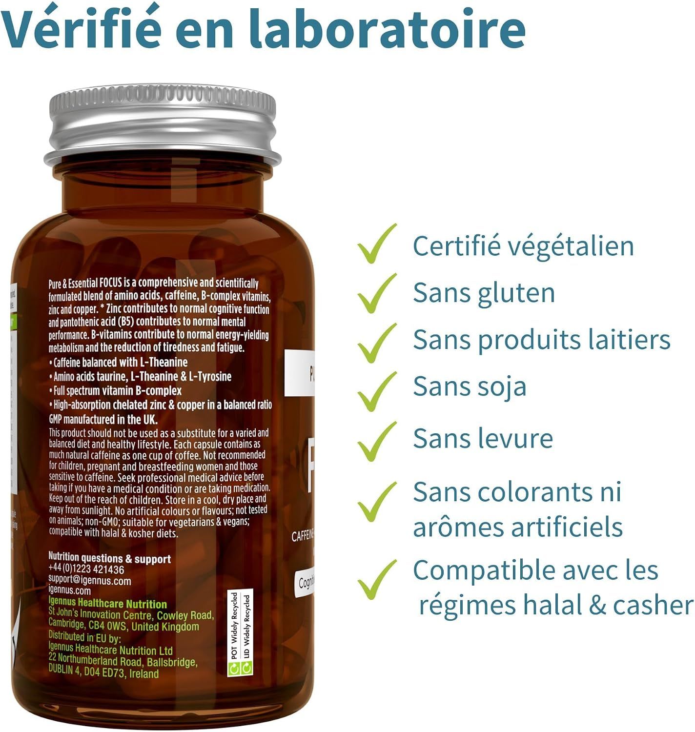 Bouteille Igennus Focus avec informations nutritionnelles et logos.