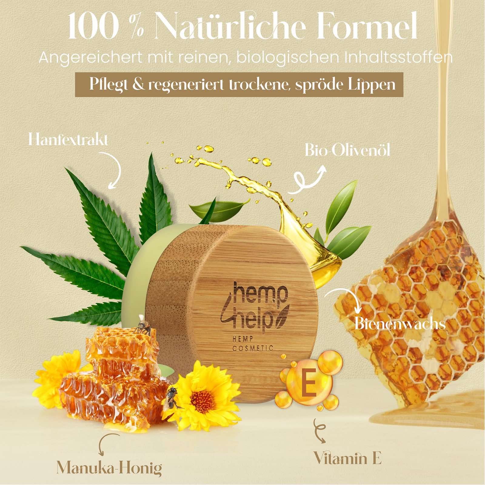 Pot de baume à lèvres avec couvercle en bois. Nid d'abeilles, feuille de chanvre, tournesol. Texte : Formule 100% naturelle, miel de Manuka, vitamine E.