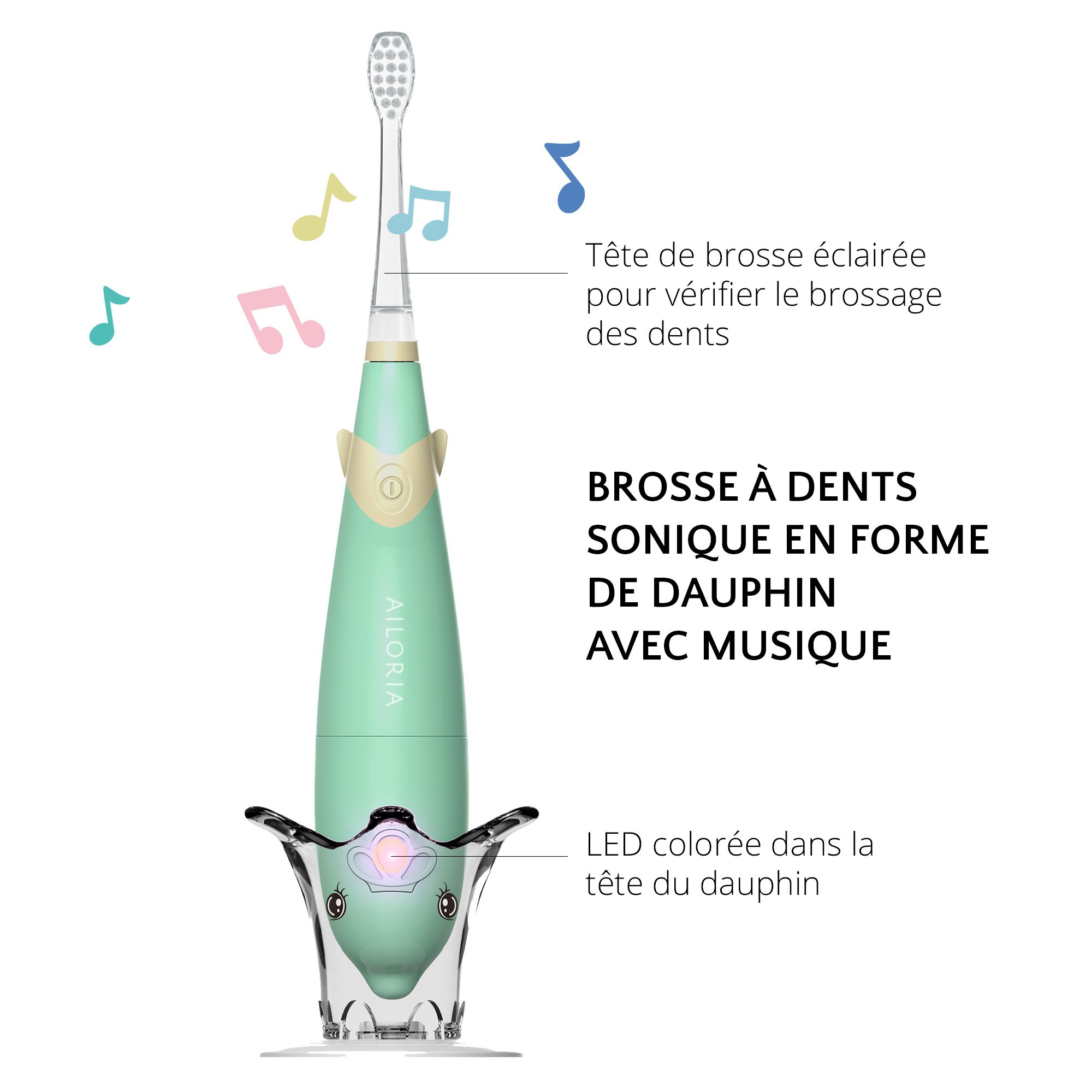 Brosse à dents électrique verte avec support. Texte: Brosse à dents sonique en forme de dauphin avec musique.