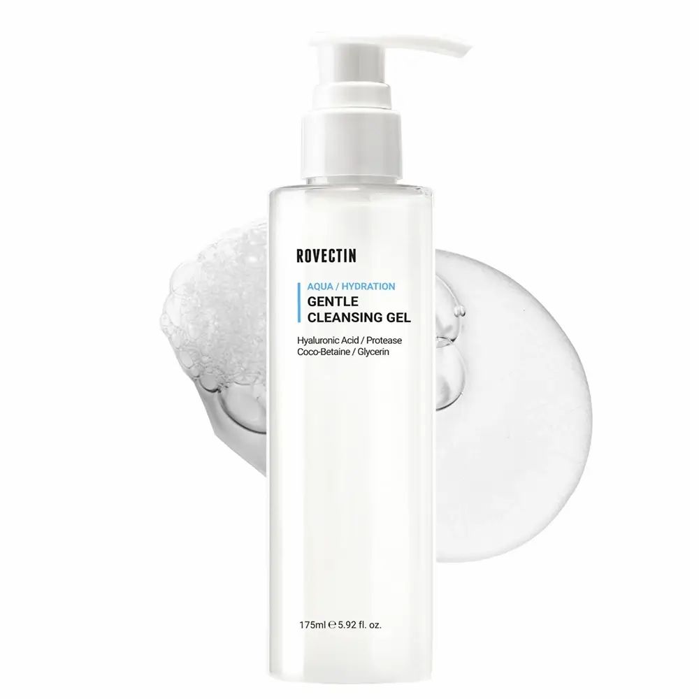 Transparante dispenser met witte pomp en schuim. Opschrift: ROVECTIN Aqua Hydration Gentle Cleansing Gel. 175ml.