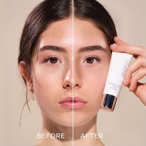 Voor-en-na vergelijking. Een vrouw houdt een tube vast met de tekst ARTDECO Mattifying Face Primer.