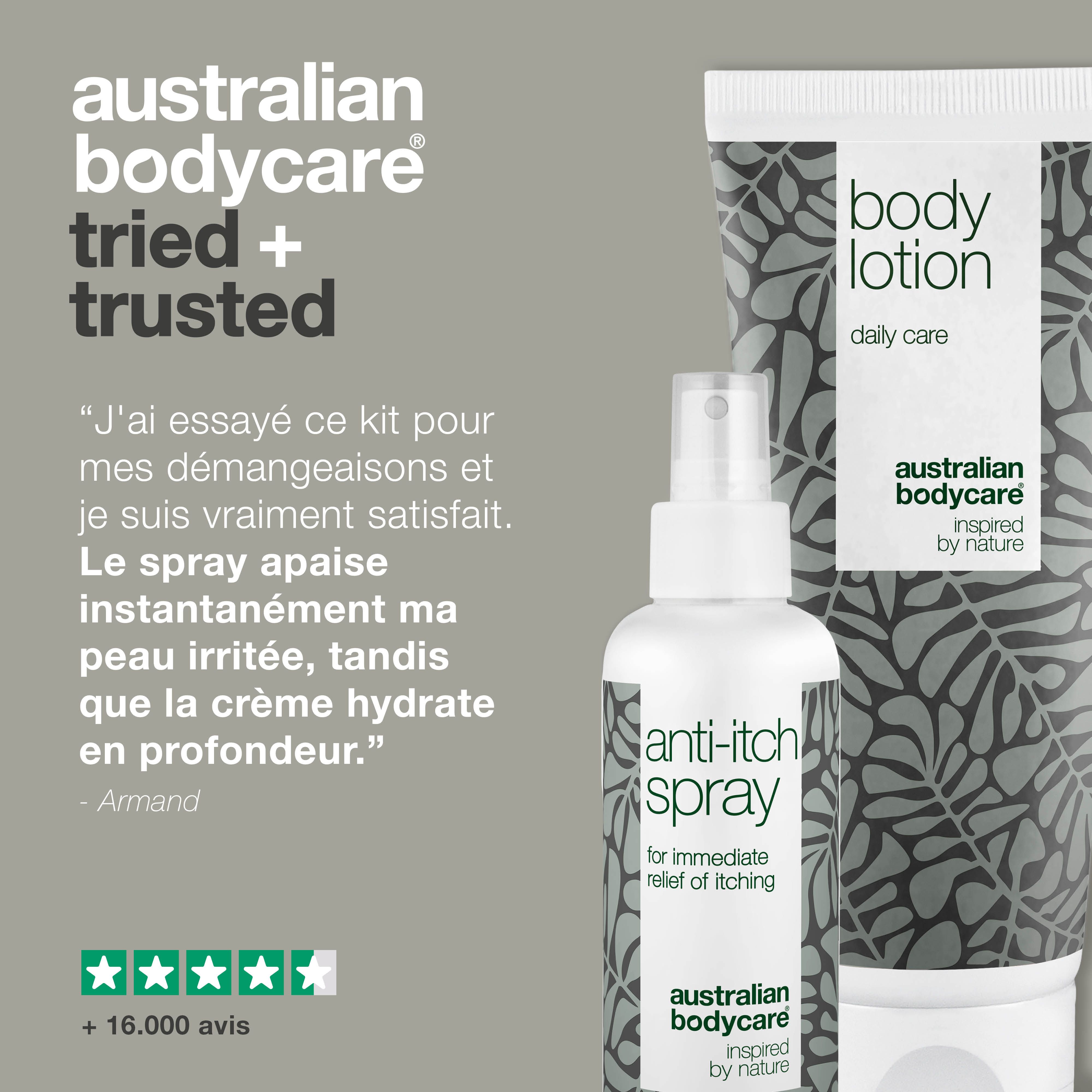 Deux produits : lotion corporelle et spray anti-démangeaisons. À gauche, « Problème » et à droite, « Solution ».