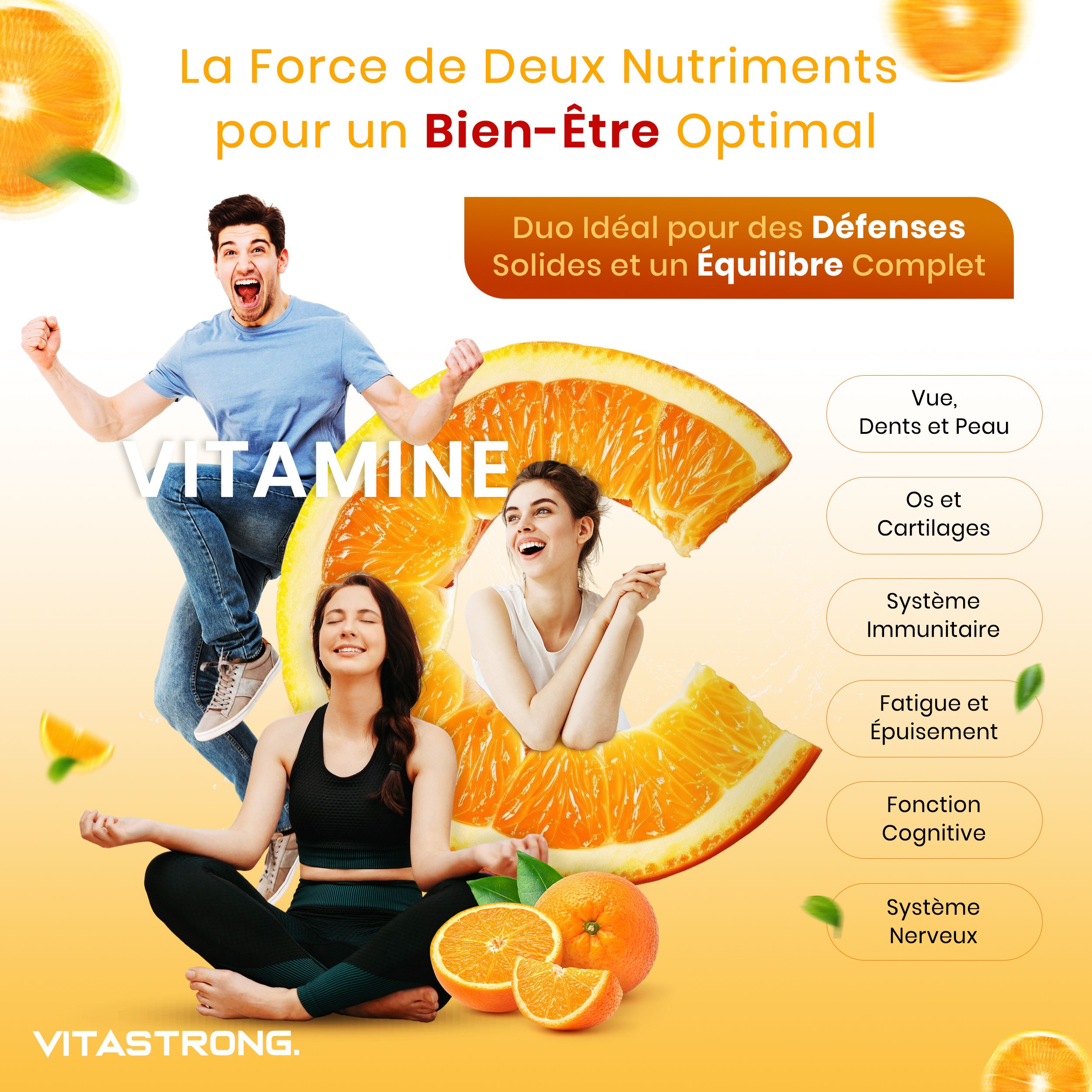 Vitastrong Vitamine C + Zink fles, sinaasappels. Tekst over gezondheidsvoordelen.