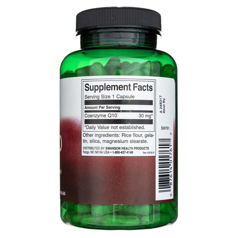 Achterkant van een groene fles met Swanson CoQ10, Supplement Facts, 240 capsules.