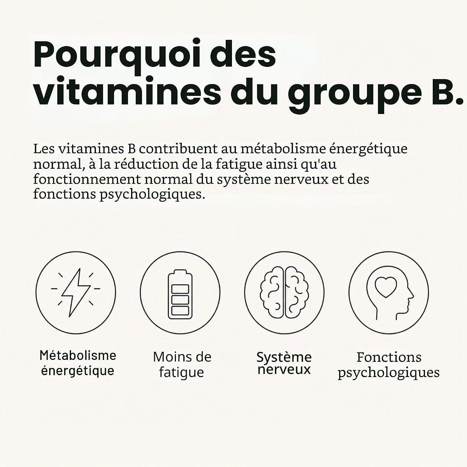 Graphique expliquant les vitamines B avec quatre icônes : éclair (métabolisme énergétique), batterie (moins de fatigue), cerveau (système nerveux), tête avec cœur (fonctions psychologiques).