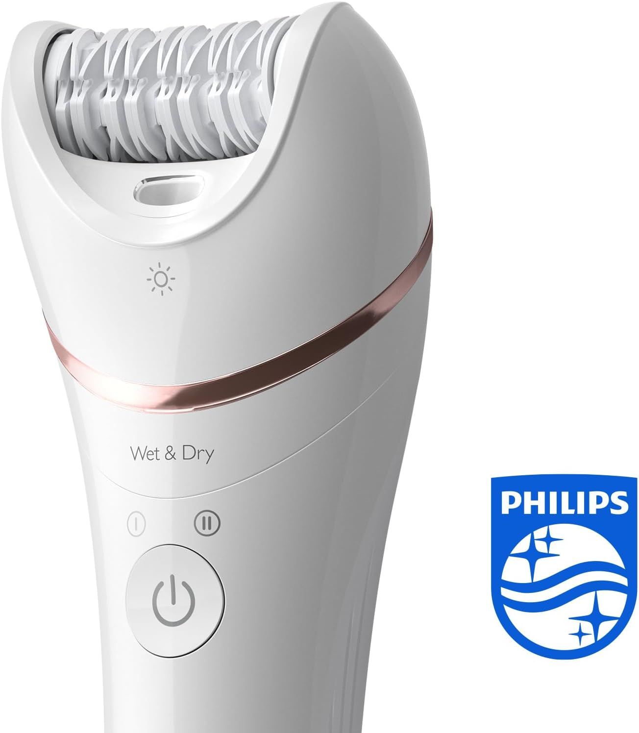 Épilateur Philips blanc avec accents or rose. Indique "Wet & Dry" et boutons marche/arrêt. Logo Philips visible.