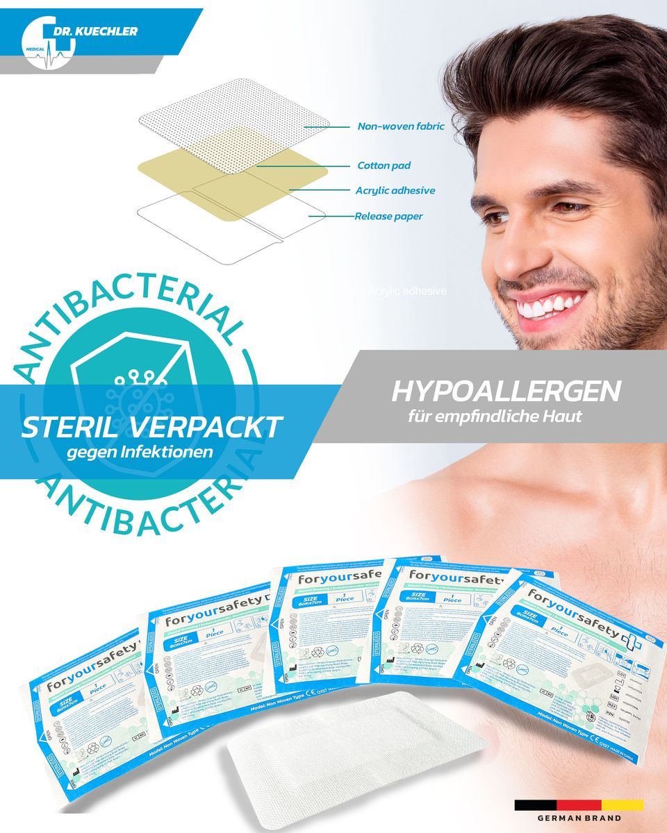 Coupe transversale du pansement. Antibactérien, emballage stérile. Pour peaux sensibles. Plusieurs pansements au premier plan.