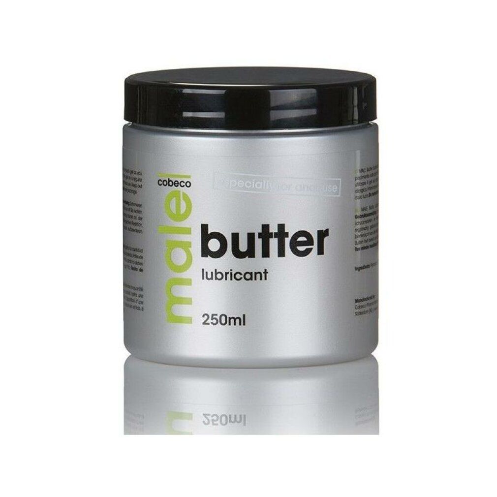 Zilverkleurige pot met zwarte deksel, opschrift 'male butter lubricant' en '250ml'.
