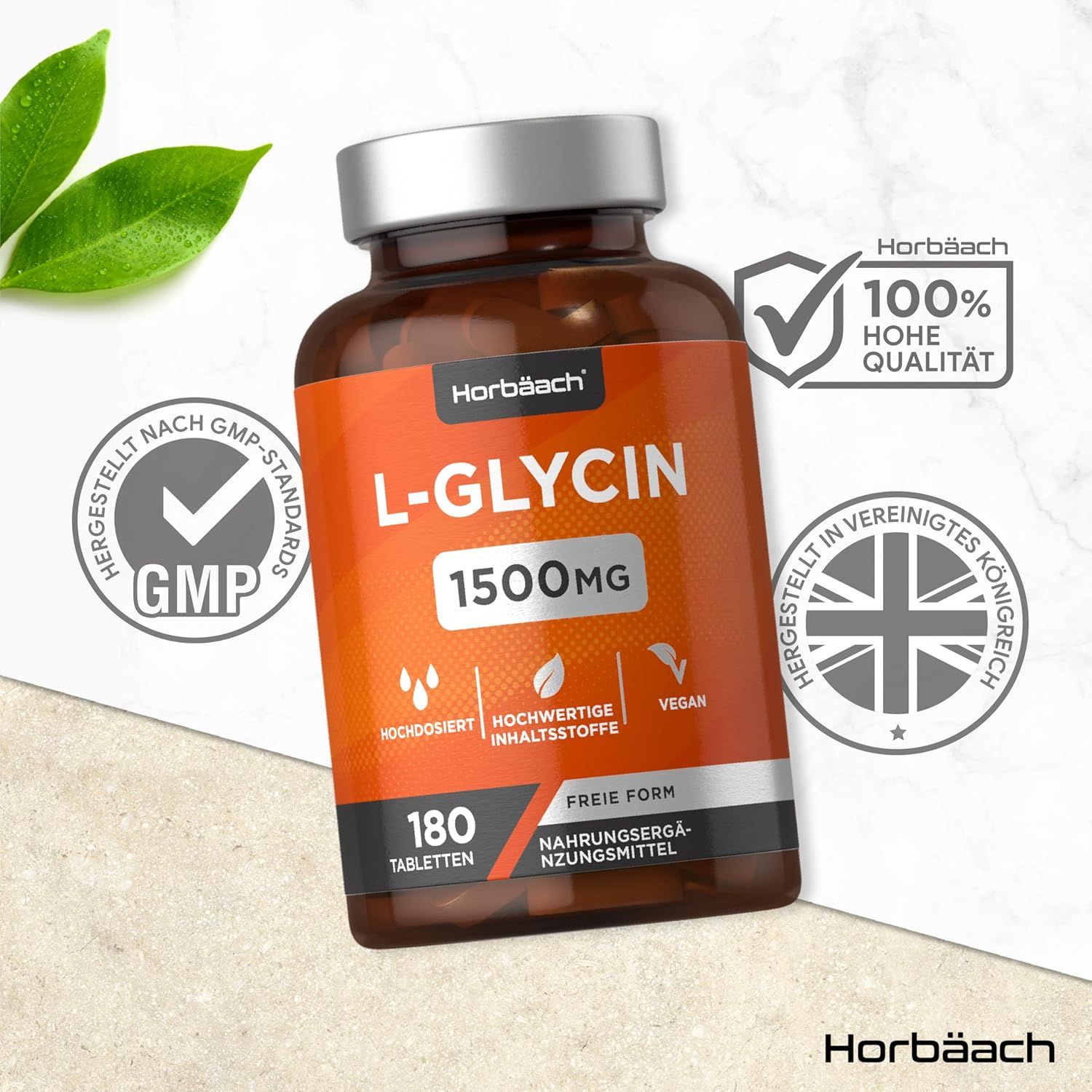 Flacon brun avec étiquette orange. Contient 180 comprimés de L-Glycine 1500mg. Vegan.