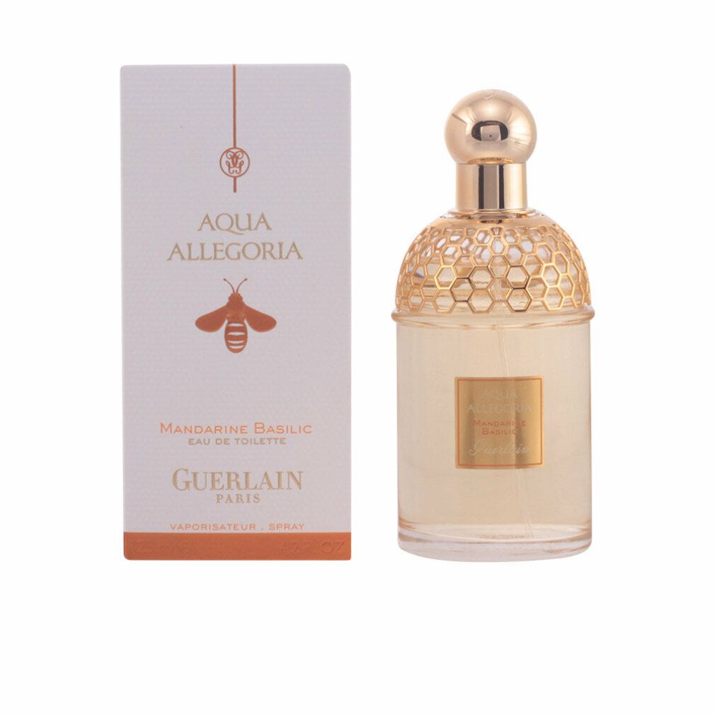 Flacon de parfum et emballage. Flacon avec bouchon doré et motif en nid d'abeille. Emballage avec inscription Aqua Allegoria et abeille.