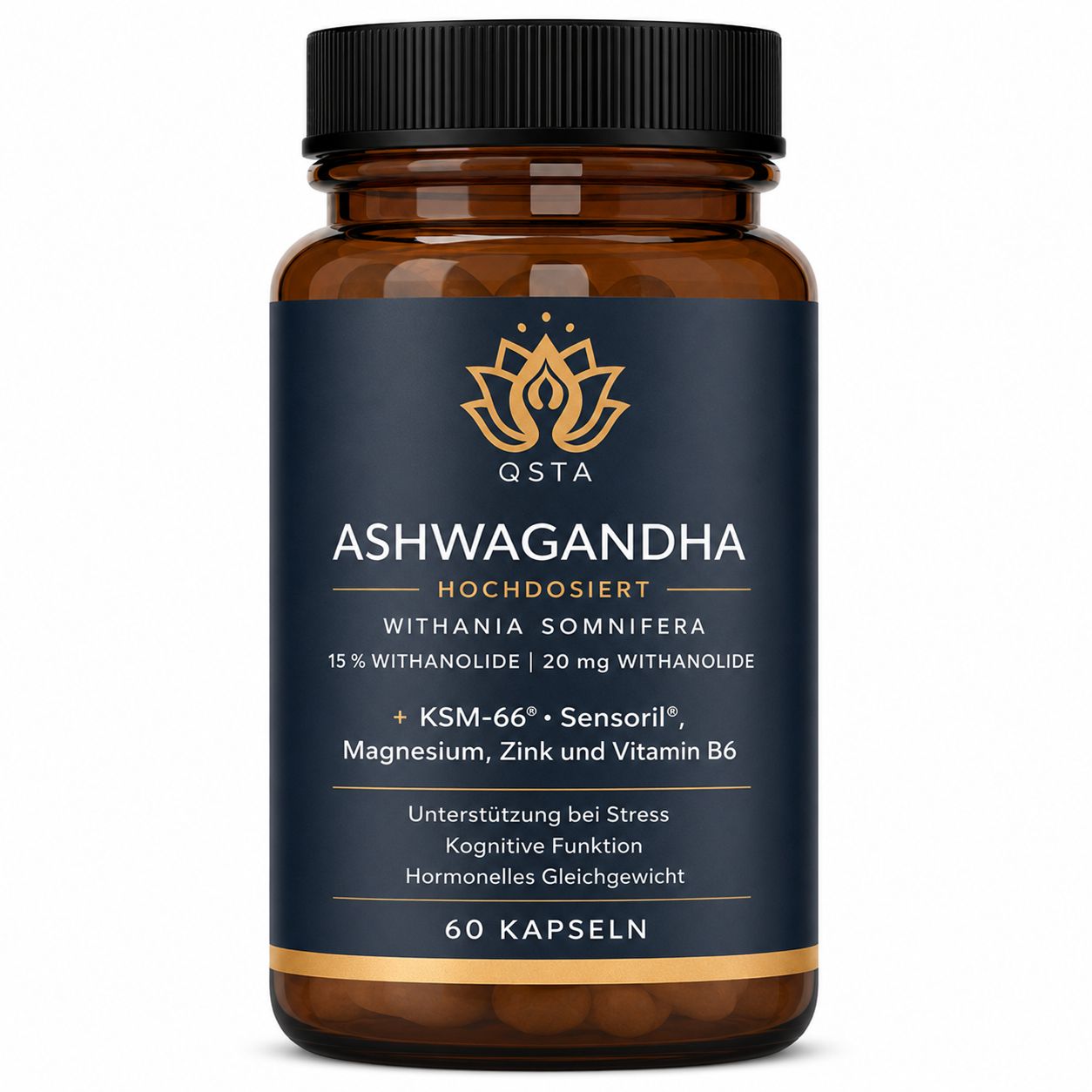 QSTA Ashwagandha KSM-66 capsules: Bruine glazen fles met donker etiket, 60 capsules.