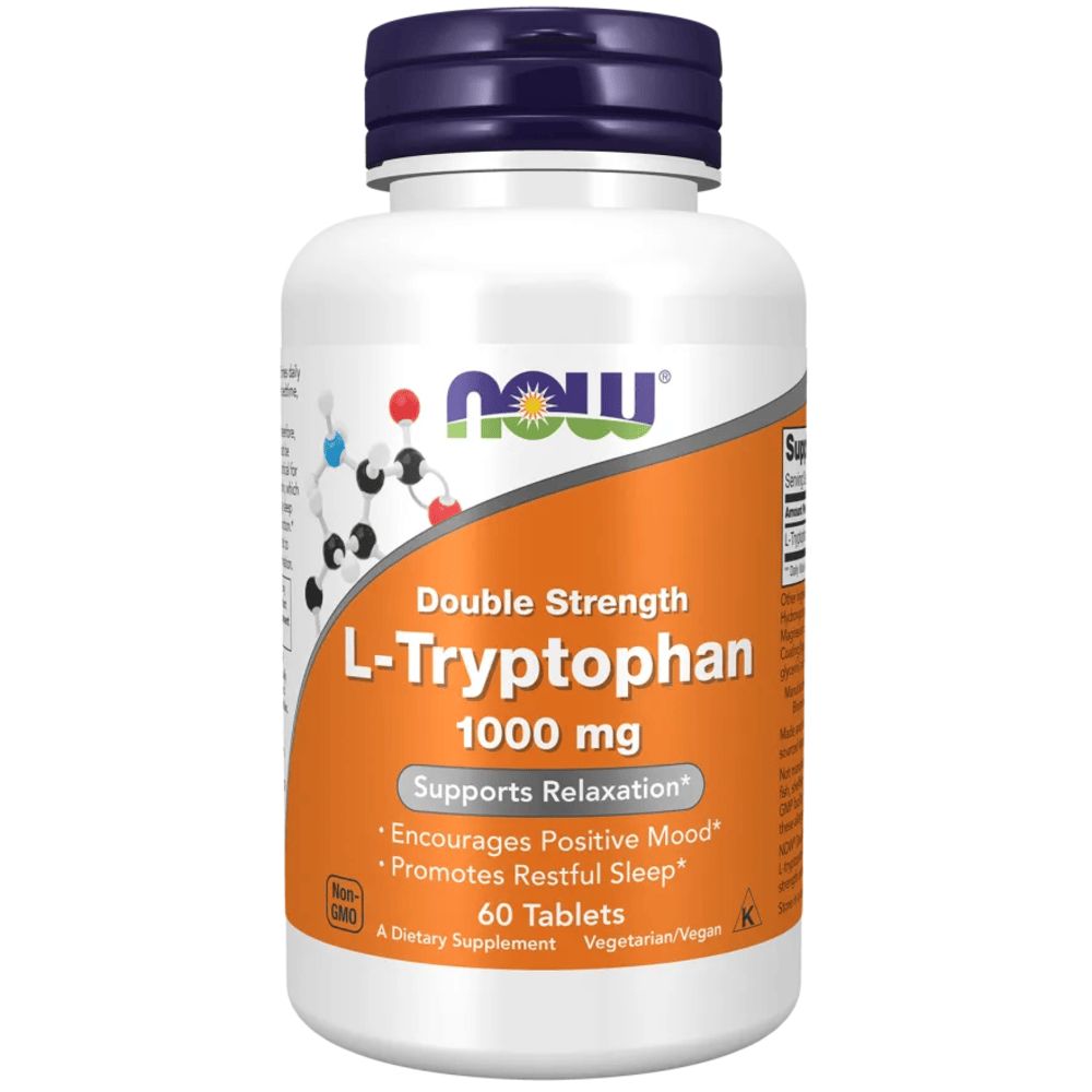 Witte fles met blauwe dop. Opschrift: L-Tryptofaan, 1000 mg, 60 tabletten. Ondersteunt ontspanning, bevordert positieve stemming en rustgevende slaap.