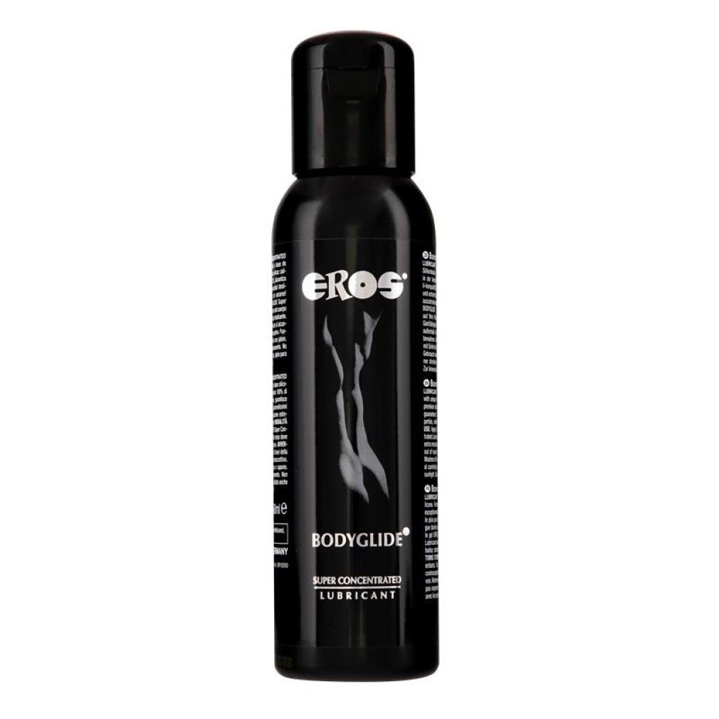 Flacon noir avec inscription EROS BODYGLIDE Super Concentrated Lubricant et silhouette corporelle.