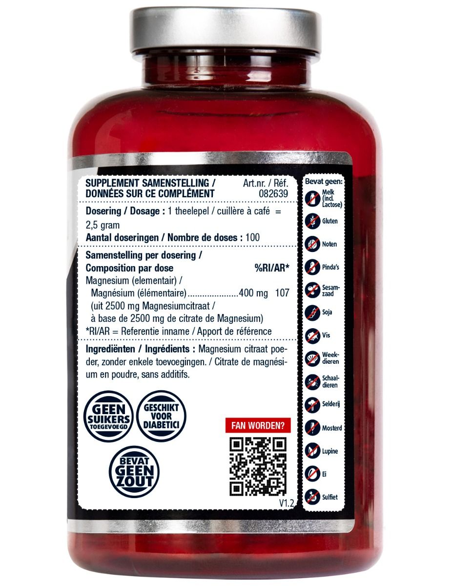 Achterkant van de fles. Bevat informatie over ingrediënten en voedingswaarde. Allergie-informatie. QR-code.