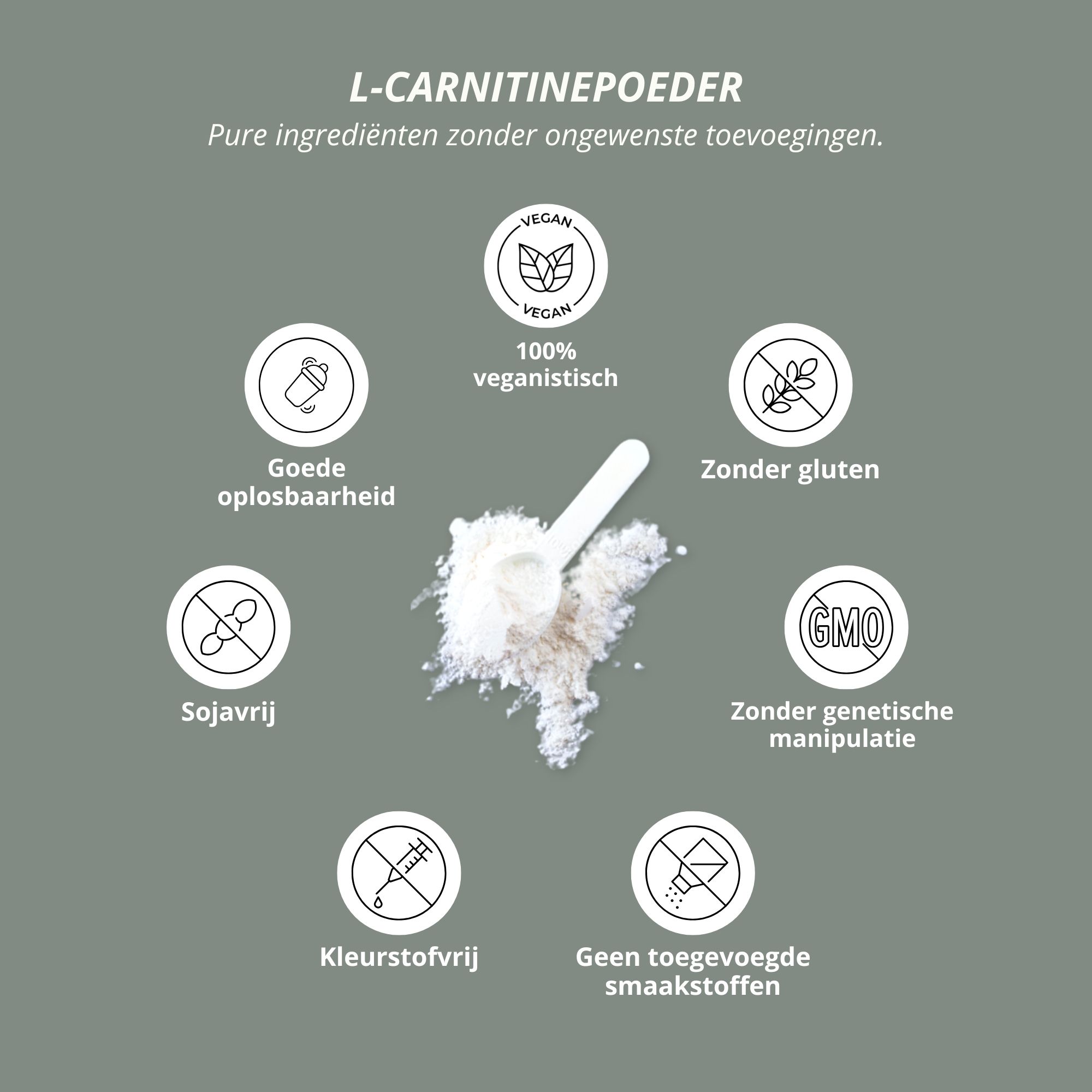 Pot L-Carnitine poeder met voedingswaarde, ingrediëntenlijst en keurmerken.