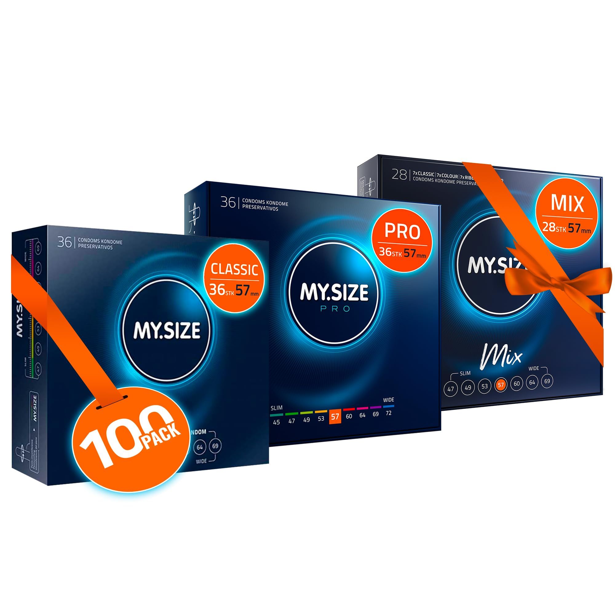 Trois paquets de préservatifs MY.SIZE : Classic, Pro et Mix. Un paquet indique '100 PACK'.