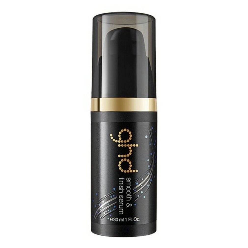 Flacon noir avec détails dorés. Inscription ghd smooth & finish serum. Avec pompe et bouchon. Contenance 30 ml.