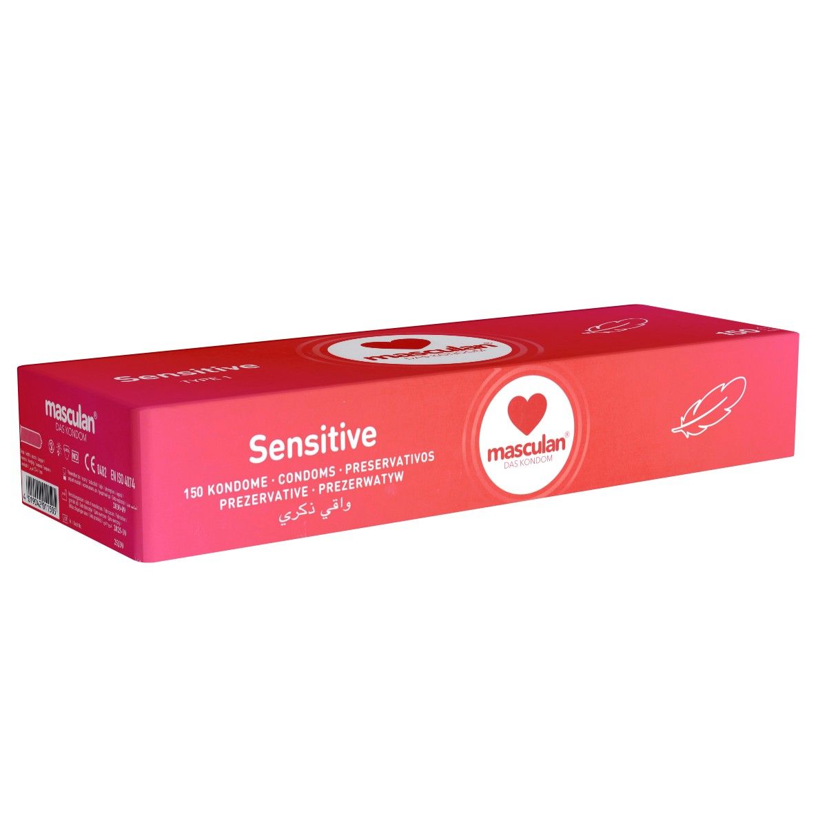 Boîte rouge "Masculan Sensitive". Texte: 150 préservatifs. Logo: cœur. Symbole plume. Nom du produit en plusieurs langues.
