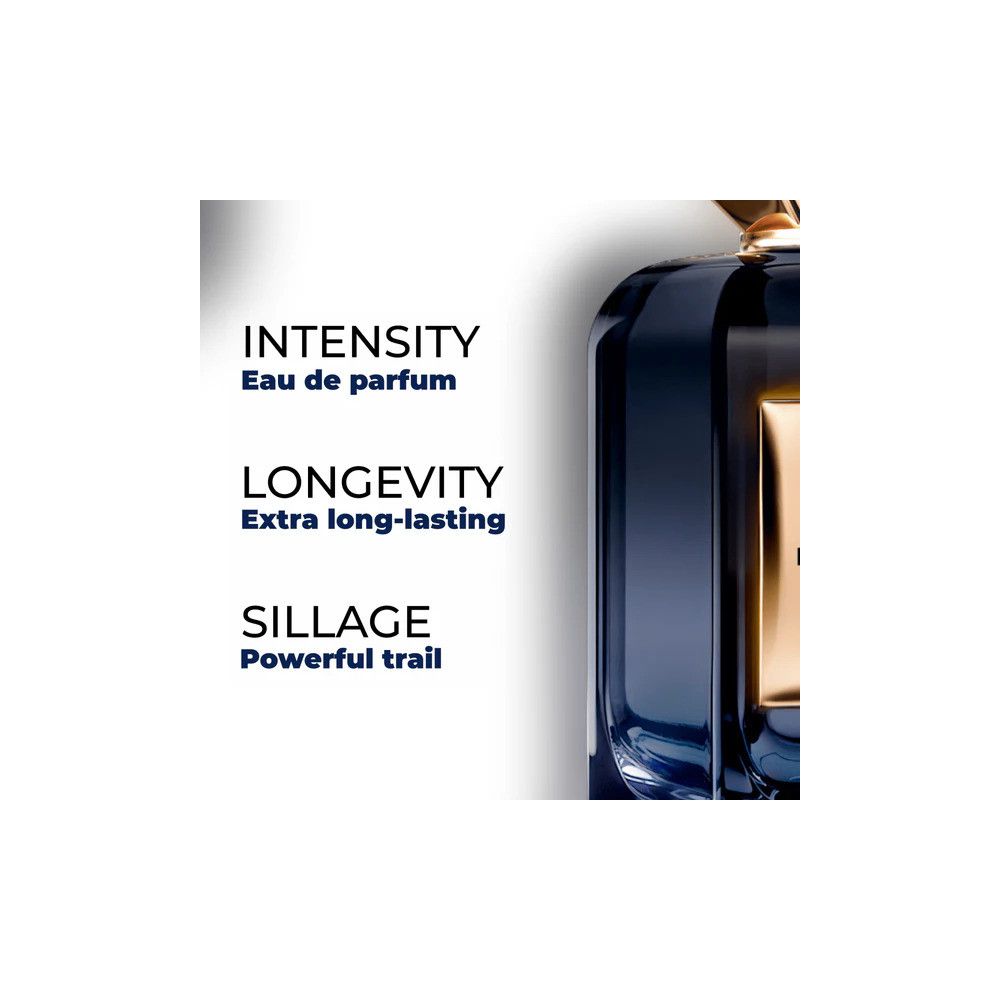 Donkerblauwe parfumfles met gouden accenten. Tekst: INTENSITY Eau de parfum, LONGEVITY Extra long-lasting, SILLAGE Powerful trail.