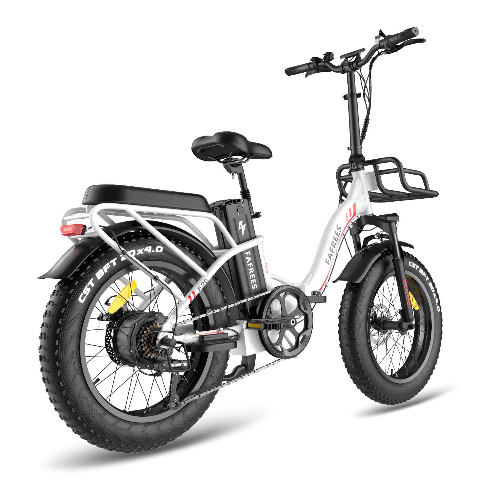 Witte Fafrees F20 Max elektrische fiets. Zwarte banden, bagagerek, voorste mand. Batterij en merk zichtbaar.
